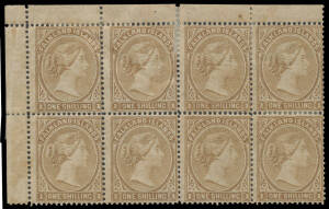 1878-79 No Watermark 1/- bistre SG 4 annotated group comprising singles x7 (one used), corner pair, block of 4 from the base of the sheet & imperf at base, upper-right corner block of 6 imperf at right, and upper-left corner block of 8 (some perf separati