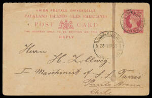 1896 apparently commercial usage of QV (1d+)1d reply-half with message headed "Montevideo 23.2.96", to "SS Tanis/Punta Arena/Chile", 'SUCCURL MARITIMA/A 23FEBR96 1/MONTEVIDEO' cds & cancelled on arrival 'PUNTA ARENAS/27/FEB/96/CHILE', a bit stained but qu