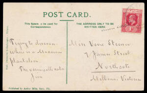 1908 Arthur Mills PPC "Native Canoe" (an outrigger with sail) to Melbourne with KEVII 1d red tied by straight-line 'RAKI RAKI' handstamp & Suva cds, minor blemishes on the view side. The message states "Trying to find where is a Macaroni Plantation" !