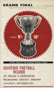 1965 "Football Record", Grand Final - Essendon v St.Kilda; plus 1965 'Sporting Globe' with headline "Bombers' 12th Flag"; 1964 'The Sun' Grand Final Souvenir celebrating Melbourne's premiership win. Fair/Good condition.