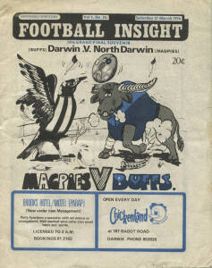 INTERSTATE PROGRAMMES: Northern Territory 1973-2004 "Football Insight" (33) - mostly grand Finals; plus 1997-99 WAFL programmes with home & away (36), finals (2) & Grand Finals (3). Fair/Good condition.