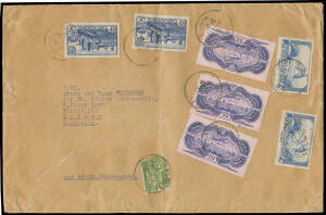 1938 commercial airmail cover (230x150mm) with remarkable franking of "Banknote" 50fr x3 (one with rounded corner, the others are very fine, Cat €900+ as used stamps) + 75c 2fr x2 & 5fr x2 all tied by Paris cds, to Australia with 'MILSONS POINT/NSW' arriv