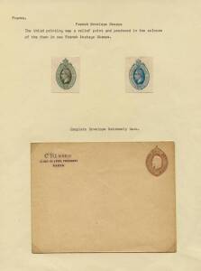 POSTAL STATIONERY - ENVELOPES: 1860s Napoleon III undenominated essays noted as First Printing - embossed, Small '00c' - x2 plus a complete envelope (noted as "extremely rare"), Second Printing - embossed, Large '00c' - x4 and 3rd Printing - Surface-Prin