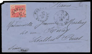 INDO-CHINA: 1908 cover to France with 10c tied by 'PURBAT/CAMBODGE' cds & 'LIGNE N/PAQ FR No 8' d/s, 1903 Moreau PPC "TONKIN/Japonaises" with 'HANOI/TONKIN' cds, & 1920s Claude & Co PPC "Charrette laotienne" used Singapore to Japan. (3)