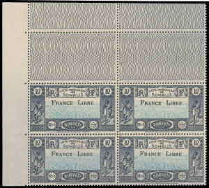 SOMALI COAST: 1942 'FRANCE LIBRE' Overprints 5fr 10fr & 20fr SG 340-2 upper-left corner blocks of 4 with engine-turning in the margins, unmounted, Cat &pound;700+. Pristine! (3 blocks)