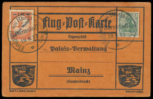 1912 (June) real photo royalty card with First German Airmail 10pf Goose tied by very fine 'Flugpost am Rhein u am Main/Darmstadt/12.6.12' datestamp; and black/orange 'Flug=Post=Karte' with 1mk on 10pf Goose tied by similar datestamp of 19.6.12. Scarce pa