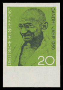 WEST GERMANY: 1969 Gandhi 20pf Imperforate Mi 608u marginal example from the base of the sheet, Cat €800. Superb! Hans-Georg Schlegel Certificate (1987).