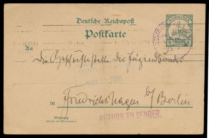 Selection with 1909 Societa Coloniale Italiana front to Italy with 'China' Surcharges tied by 'SCHANGHAI' cds & 'Schanghai/(Deutsche Post)' registration label; 1911 from Kamerun with 10pf tied by 'KRIBI' cds; May 1914 Carolines 5pf Postal Card with light