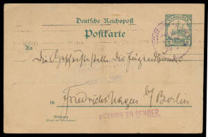 Selection with 1909 Societa Coloniale Italiana front to Italy with 'China' Surcharges tied by 'SCHANGHAI' cds & 'Schanghai/(Deutsche Post)' registration label; 1911 from Kamerun with 10pf tied by 'KRIBI' cds; May 1914 Carolines 5pf Postal Card with light 