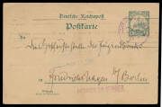 Selection with 1909 Societa Coloniale Italiana front to Italy with 'China' Surcharges tied by 'SCHANGHAI' cds & 'Schanghai/(Deutsche Post)' registration label; 1911 from Kamerun with 10pf tied by 'KRIBI' cds; May 1914 Carolines 5pf Postal Card with light