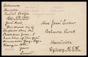 1908 Chinese PPC used under cover to NSW with message headed "Tabwewa/Banaba/Central Pacific/Nov 11th 1908". A remarkably early Gilbert & Ellice item: the Tarawa post office opened only in 1911.