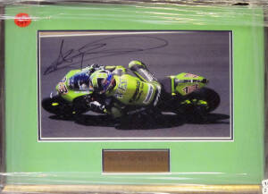 SIGNED F1 & MOTO-GP DISPLAYS, noted Nico Rosberg, Rubens Barrichello, Nicky Hayden, Jorge Lorenzo, Dani Pedrosa & Anthony West. All framed, various sizes. (6 items).