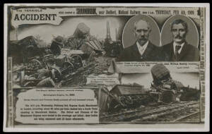 1908 W Gothard (Barnsley) real photo disaster cards "Mine Fire Hampstead Colliery...Men Entombed", "Crew of HMAS Tiger Cut in Two by HMS Berwick", and Sharnbrook Railway Disaster multi-view In Memoriam card, unused. Ex Keith Harrison. (3)