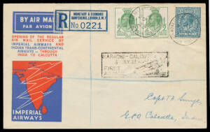 1933 flight cover to India with four fine to superb strikes - two on the back - of 'MONETARY & ECONOMIC CONFERENCE/29JU/33/LONDON' cds & Conference registration label. [This was the first major international post-Depression conference. Tariffs & currency 