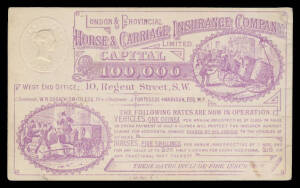 POSTAL CARDS - STAMPED TO ORDER: 1872 Embossed ½d pink with illustrated advice for London & Provincial Horse & Carriage Insurance Co showing bingled carriage & the distressed horse being harangued by a policeman!, minor defects & repaired corner, locally 