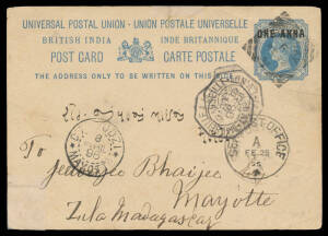 1896 'ONE ANNA' on ½a Postal Card from Bombay to "Mayotte/Madagascar" with 'SEA POST OFFICE' cds of FE29/00 (Leap Year), French marine sorter d/s & 'D'ZAOUDZI/MAYOTTE' arrival cds, minor peripheral repairs. [Geographically, Mayotte is part of the Comoros 