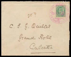 1911 airmail cover with KEVII &frac12;a tied by superb strike of the 40mm 'FIRST AERIAL POST/[plane]/1911 UP EXHIBITION ALLAHABAD' cachet in rosine, 'ALLAHABAD/18FE/11' & 'CHARAMTALA/DELY/20FE11' backstamps, a fine example from this important flight.