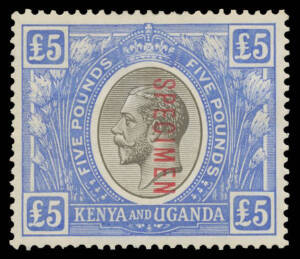KENYA & UGANDA: 1922-27 KGV &pound;5 black & blue SG 99 with 'SPECIMEN' Overprint, exceptional centring, minor hinge remainder but very fresh, Cat &pound;500.