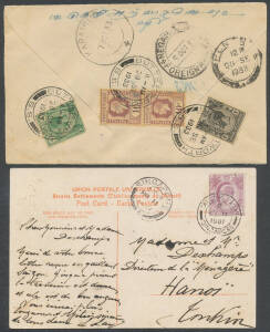 STRAITS SETTLEMENTS: Commercial covers including 1907 PPC to Hanoi with 'TANJONG PAGAR' cds, PPC to Germany with 'BMO' perfin, 1915 & 1919 Postal Cards to Japan with different 'RAFFLES HOTEL' cds, Penang 1930s group from sub-offices 'BUKIT MERTAJAM', 'BUK