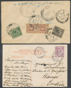 STRAITS SETTLEMENTS: Commercial covers including 1907 PPC to Hanoi with 'TANJONG PAGAR' cds, PPC to Germany with 'BMO' perfin, 1915 & 1919 Postal Cards to Japan with different 'RAFFLES HOTEL' cds, Penang 1930s group from sub-offices 'BUKIT MERTAJAM', 'BUK