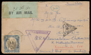 MALAY STATES: Commercial covers including Johore 1930 illustrated merchant's cover with 'PAQUEBOT/ SINGAPORE' cds, 5c green & 5c purple Envelopes both with 'SPECIMEN' Overprint; Kedah 1941 censored airmail to India with 50c Sultan and 1941 OHMS with 8c Wh