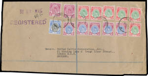 MALAY STATES: 1950-55 oversize commercial airmail covers registered to London at rates comprising $6.50 x3, $8.60, $9.30, $10, $11.40, $12.80, $17.90 (large-part cover with Perlis 10c x2, 50c, $1 x5 & $2 x6), $18.40 and $21.20, various States issues inclu