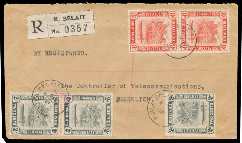 BRUNEI: Commercial covers comprising 1937 to GB with 8c grey & superb 'BELAIT' cds, 1949 superb cover to Jesselton with 'KUALA BELAIT' cds & 'K BELAIT' registration label, 1950 registered air cover to Australia at 55c rate, 1967 airmail to Singapore with