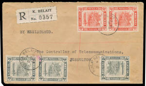 BRUNEI: Commercial covers comprising 1937 to GB with 8c grey & superb 'BELAIT' cds, 1949 superb cover to Jesselton with 'KUALA BELAIT' cds & 'K BELAIT' registration label, 1950 registered air cover to Australia at 55c rate, 1967 airmail to Singapore with 