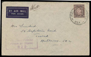 LABUAN 1945 two commercial covers with Australian 3d purple-brown 1) to Melbourne with very fine 'FIELD POST OFFICE/13JY45/037' cds; 2) to London with largely very fine strike of the scarce 'VICTORIA/LABUAN' linotype cancel, addressed on the back from Mir