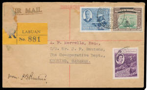 LABUAN Local philatelic cover with Sarawak BMA 6c tied by 'VICTORIA/17 12 1945/LABUAN' linotype cancel, plus commercial airmail covers 1948 to Singapore x2 (one rather stained with poor 'PAQUEBOT' cancels & 'VICTORIA/LABUAN' cds, the other registered), 19
