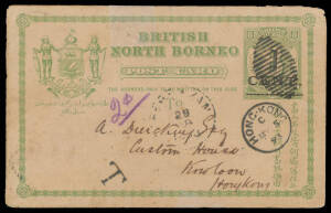 NORTH BORNEO: 1891-1914 Postal Cards commercial usages comprising 1891 3c to Austria with 'KUDAT' cds & 'LABUAN' transit, 1893 '1/CENT' on 8c - repaired - to Hong Kong with superb bars cancel light 'SANDAKAN' cds & superb 'T' h/s, 1907 6c to Holland with 