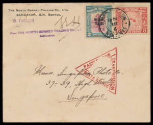 NORTH BORNEO: 1941 (Apr 2) North Borneo Trading Co cover to Singapore with 8c Map & 2c 'WAR/TAX' Overprint tied by 'SANDAKAN' cds, triangular 'PASSED FOR - TRANSMISSION/NORTH BORNEO' cachet in red, a little aged.