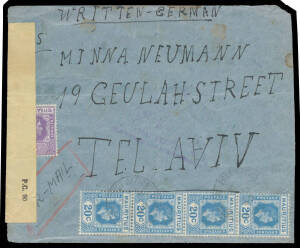 1943 Jewish internee's cover to Tel Aviv with 'OPENED BY EXAMINER/KK/30130' label & light triangular Censor cachet in violet, minor faults.