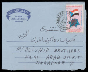 ADEN: Commercial mail comprising 1955 uprated 50c Aerogramme to Germany, 1963 airmail covers from 'MUKALLA' to GB x2 (one registered), South Yemen Overprints 50f & 75f on airmail cover to Spain (!), ditto 25f Aerogramme uprated with 10f to Singapore, & PD