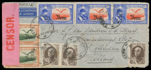 IRAN (PERSIA): 1939 Rotterdamsche Lloyd cover by air to Holland with 50d x3 plus 'Iran' Overprints 10ch x3 & 15ch x4 (two on the reverse) tied by '.../9XII39/AHVAZ' cds, Palestinian red/pink 'H No 18/OPENED BY/CENSOR' label tied to the reverse by very fin