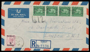 KUWAIT: Commercial mail including 'KUWAIT' Overprints on airmail covers to GB (registered), Denmark, France & Holland, 1973 two formular Registration Envelopes to Germany, etc, generally fine to very fine. (11)