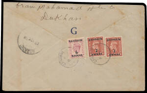 QATAR: 1952 (Nov 8) commercial airmail cover endorsed "Regestard" [sic] with sender's address "Dukhan" on the flap, 'BAHRAIN' Overprints on GB 2a x2 & 6a (torn before being affixed) tied to the reverse by single-circle 'BAHRAIN' cds, 'BAHRAIN - 7' registr