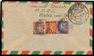 QATAR: 1954 commercial cover to Pakistan with sender's address "Harmid Driver/PDQL/Qatar via Bahrain" on the flap, Bahrain Surcharges on GB ½a on QEII ½d, 2a on KGVI 2d & 3a on KGVI 3d tied to the reverse by 'BAHRAIN/23JA/54' cds, minor blemishes & a bit 