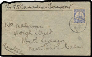 1914 commercial cover "Per SS Canadian Transport" to Sydney with 20pf tied by fine Nauru cds of 18.5/14, Sydney machine arrival b/s, minor creasing & opened a little roughly.