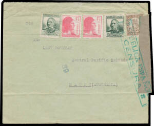 1936 (c.) apparently commercial cover to a Frenchman (?) on Nauru, from Spain during the Spanish Civil War (!) with plain censor tape tied by large 'REPUBLICA ESPANOLA/CENSURA' cachet in green, horizontal fold at base. An amazing origin/destination cover!