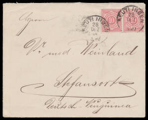 1889 (Dec 28) inwards cover to Dr Weinland at "Stefansort' (sic) with Wurttemburg 10pf x2 tied by 'REUTLINGEN' cds, largely very fine 'FINSCHHAFEN/24 4/90' arrival b/s, minor blemishes. [A similar, slightly earlier, cover sold at our auction of 19.6.2015 