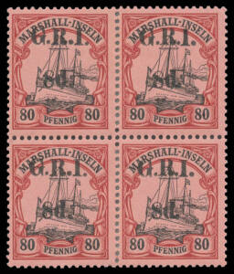 1914 Overprints on Marshall Islands '8d.' on 80pf SG 58 block of 4 (Setting 2; Positions 1 & 2, split vertically & skilfully rejoined with hinge reinforcement), Cat £1900+. A very scarce multiple. Brun/Shanahan (1957) & Holcombe (1995) Certificates.