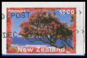 1996 Pohutukawa (Tree) $1 booklet stamp Completely Imperforate CP #PE17aZ (SG 1991var) tied to commercial PPC to NSW by Auckland ink-jet cancellation, vertical fold well clear of the stamp, unpriced by Campbell Paterson. A rare error that is unlisted by G