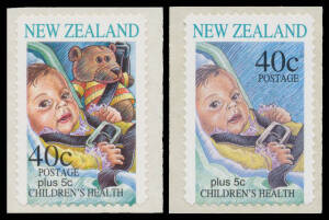 1996 Health (Road Safety) 40c Teddy Bear self-adhesive stamp CP #T68b (SG 2003a), "unmounted", Cat $NZ4500 (£1300). With the redrawn 40c for comparison.