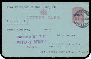 1916 extraordinary usage of KEVII 1d Letter Card with 'SAMOA' Overprint with letter headed "Motuihi...25 Juli 16" & on the reverse "Prisoner of War.../Motuihi Island...", light but very fine 'FROM PRISONER OF WAR' h/s in rosine & superb 'PASSED BY THE/MIL