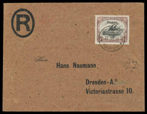 1907 Small 'Papua' 2/6d SG 37 or 45a on 1907 registered cover to Germany, Cairns & Brisbane transit & Dresden arrival backstamps. A rare albeit philatelic franking.