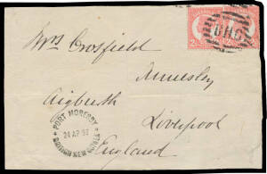 1897 double-rate cover front to England with Queensland Void Background 2½d rose-pink x2 tied by 8-bar 'BNG' cancel & very fine 'PORT MORESBY/24AP97/BRITISH NEW GUINEA' cds at lower-left.