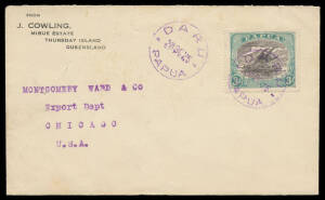 1926 commercial cover with 'J COWLING/MIBUE ESTATE/THURSDAY ISLAND/QUEENSLAND' imprint at upper-left, to Chicago with Bicolours 3d tied by 27mm 'DARU/PAPUA' cds in violet. [Daru is almost 200km NNE of Thursday Island. The cover was probably given to someo