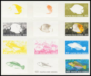 1976 Tropical Fish complete set of Courvoisier imperf colour separation proofs for unissued denominations 7t & 10t (issued as 30t & 15t respectively) plus 30t (issued as 40t) & 40t (issued as 5t) all affixed to the official archival album pages [#1600/41 