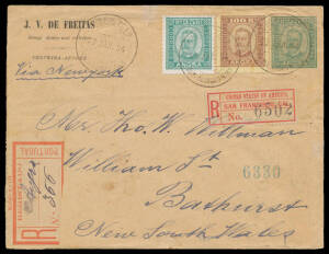 AZORES: 1894 usage of 'ANGRA' 25r blue-green Envelope with local stamp dealer's imprint at upper-left, to NSW uprated with 25r & 100r tied by 'CORRo e TELLo/23JAN94/ANGRA do KEROIMAO' (?) cds, red/buff registration label - fault - with manuscript "Angra",